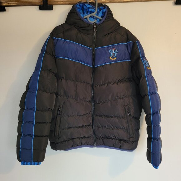 Harry Potter Black Blue Jacket Adult XL Ravenclaw Hooded Puffer Coat - Picture 1 of 7